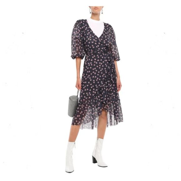 Ganni Tilden Floral Print Stretch Mesh Wrap Dress - Picture 1 of 10